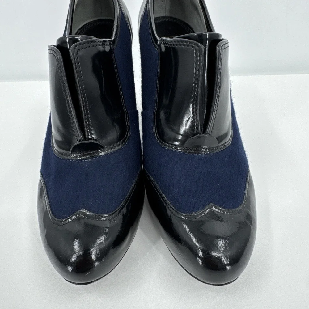 Tory Burch Black‎ Navy Leather Block Heel Ankle Women Bootie Size 6.5 Wingtip